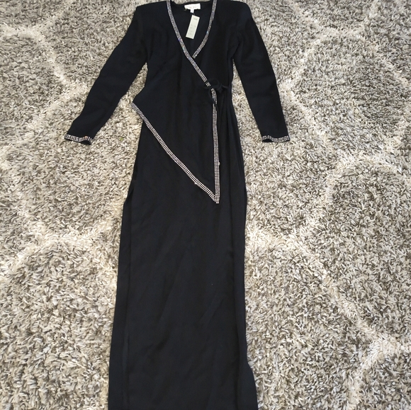 Vintage Cache Black Formal Wrap Dress Sparkle Rhinestone Double Side Slit - Picture 5 of 5